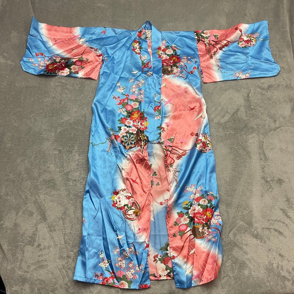 Kimono Robe Japan Floral Ryusui Polyester Sash Sz 45 in LONG